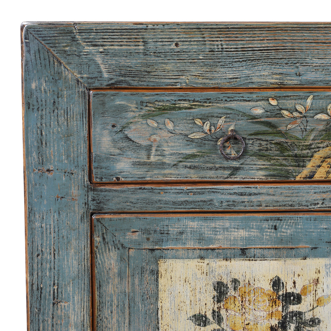 Corner Detail From Blue Painted Vintage Shanxi Sideboard With Hand Painted Floral Vase Panels