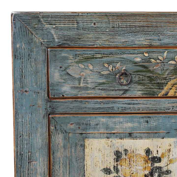 Corner Detail From Blue Painted Vintage Shanxi Sideboard With Hand Painted Floral Vase Panels