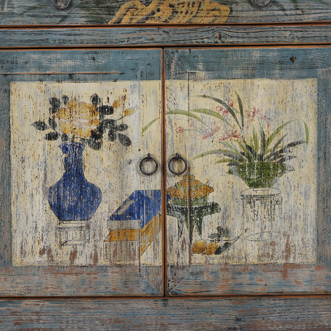 Artwork Detail From Blue Painted Vintage Shanxi Sideboard With Hand Painted Floral Vase Panels