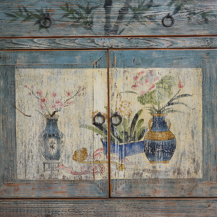 Artworkj Detail From Blue Painted Vintage Shanxi Sideboard With Hand Painted Floral Vase Panels