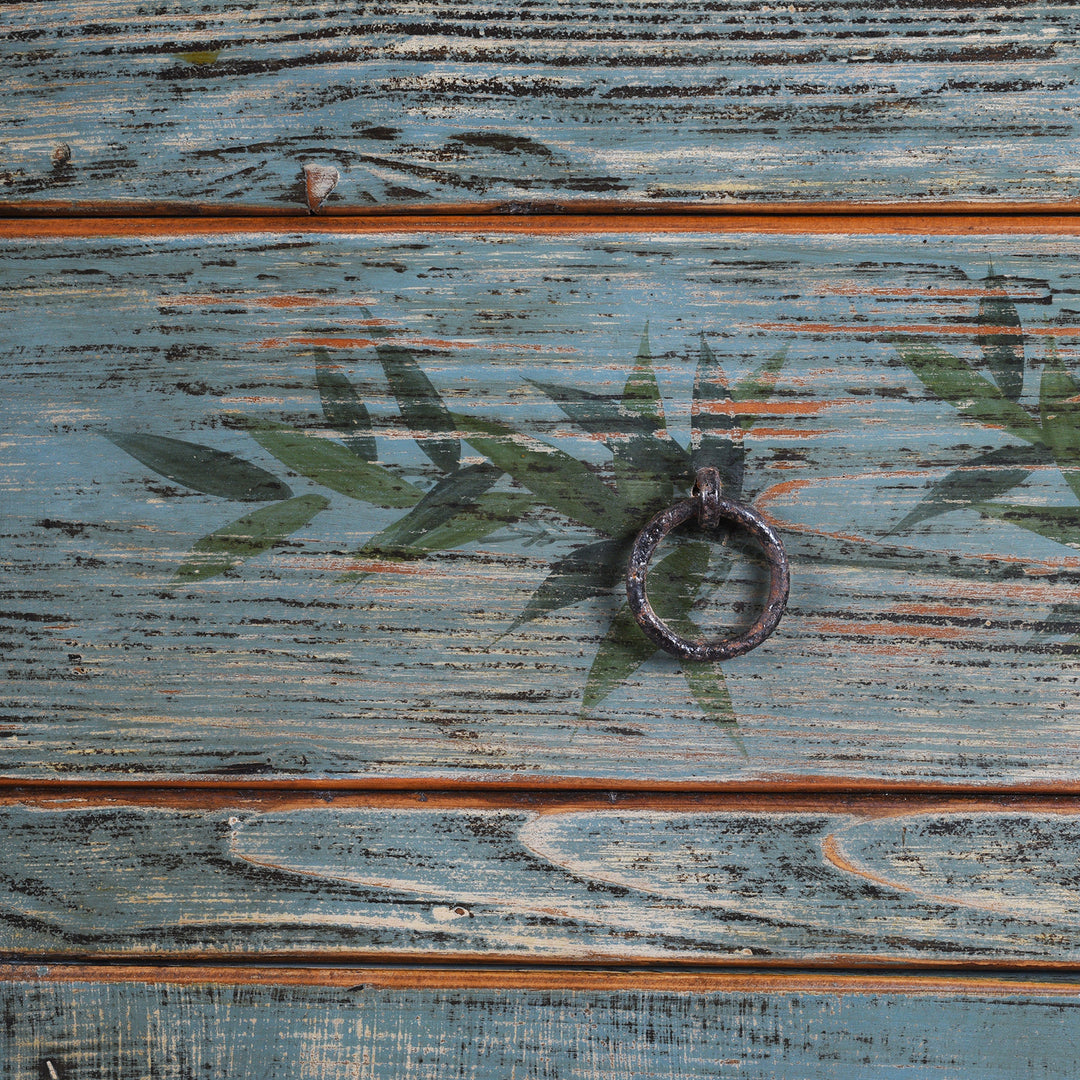 Artwork Detail From Blue Painted Vintage Shanxi Sideboard With Hand Painted Floral Vase Panels