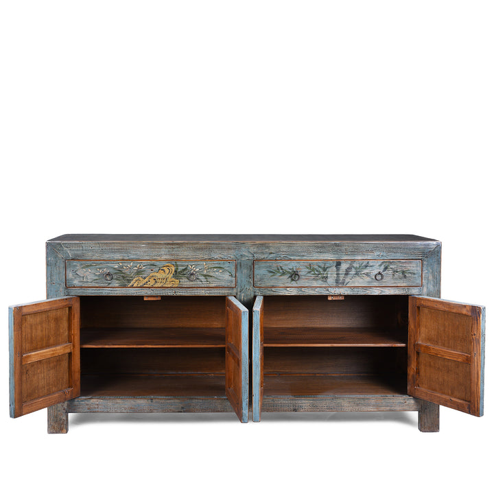 Open Doors View Of Blue Painted Vintage Shanxi Sideboard With Hand Painted Floral Vase Panels