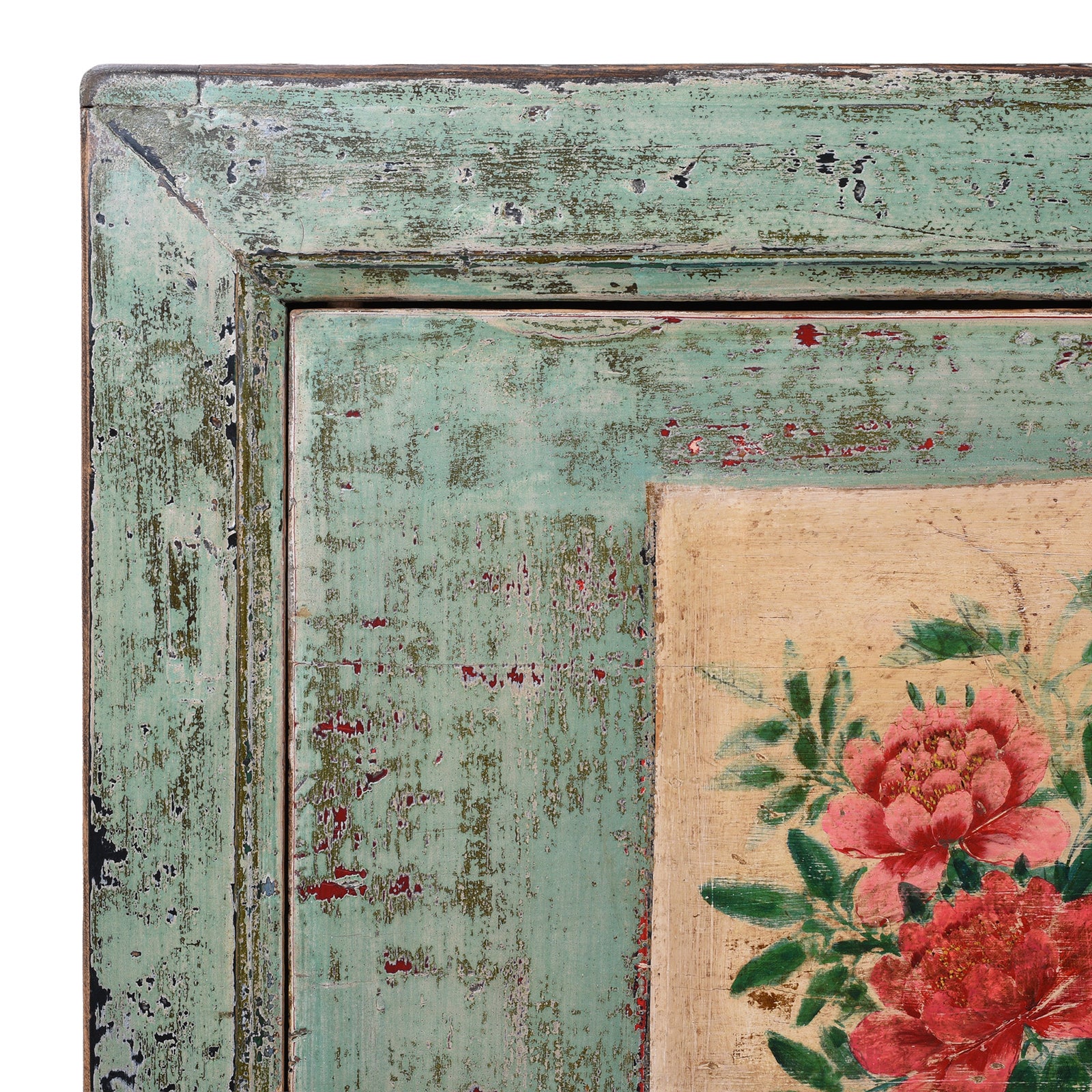 Corner Detail From Vintage Mint Painted Shanxi Sideboard With Floral And Landscape Painted Panels And Long Low Form