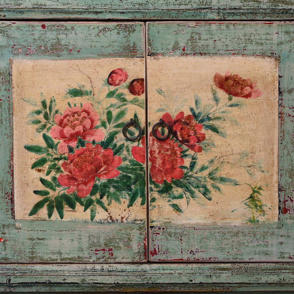 Floral Doors Artwork Detail From Vintage Mint Painted Shanxi Sideboard With Floral And Landscape Painted Panels And Long Low Form