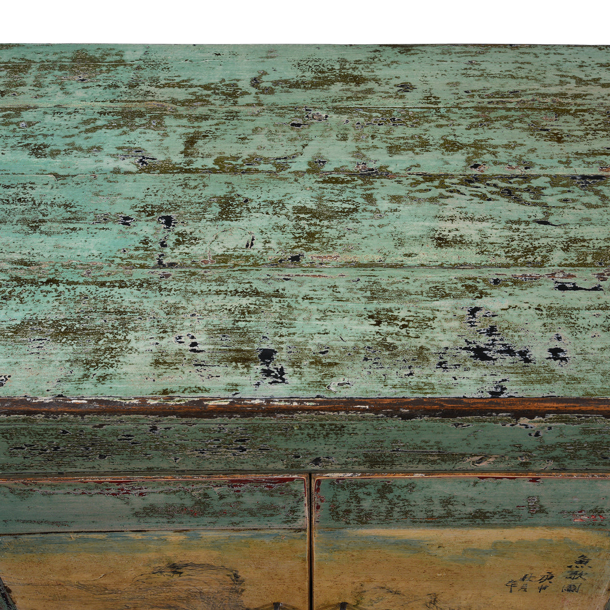 Surface Detail From Vintage Mint Painted Shanxi Sideboard With Floral And Landscape Painted Panels And Long Low Form