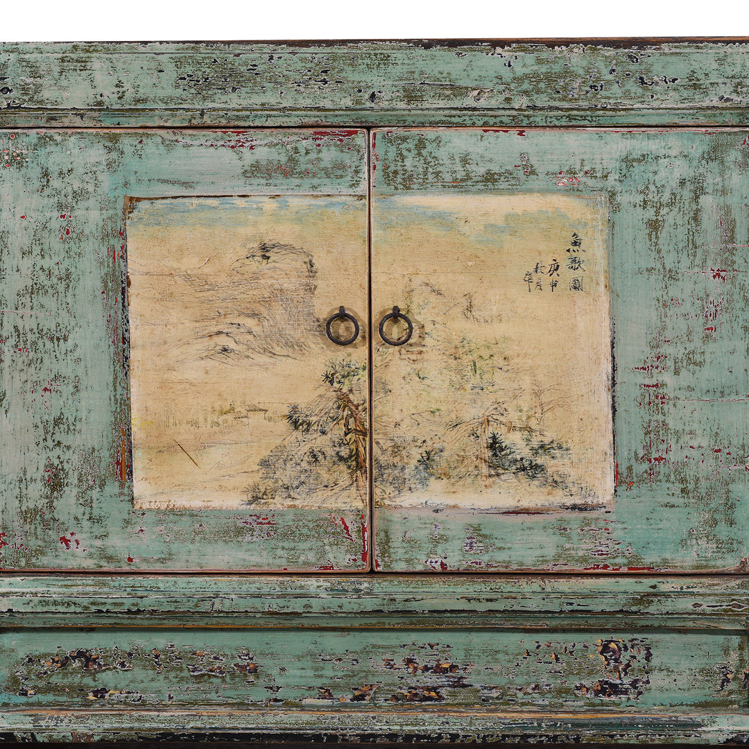 Landscape Doors Artwork Detail From Vintage Mint Painted Shanxi Sideboard With Floral And Landscape Painted Panels And Long Low Form