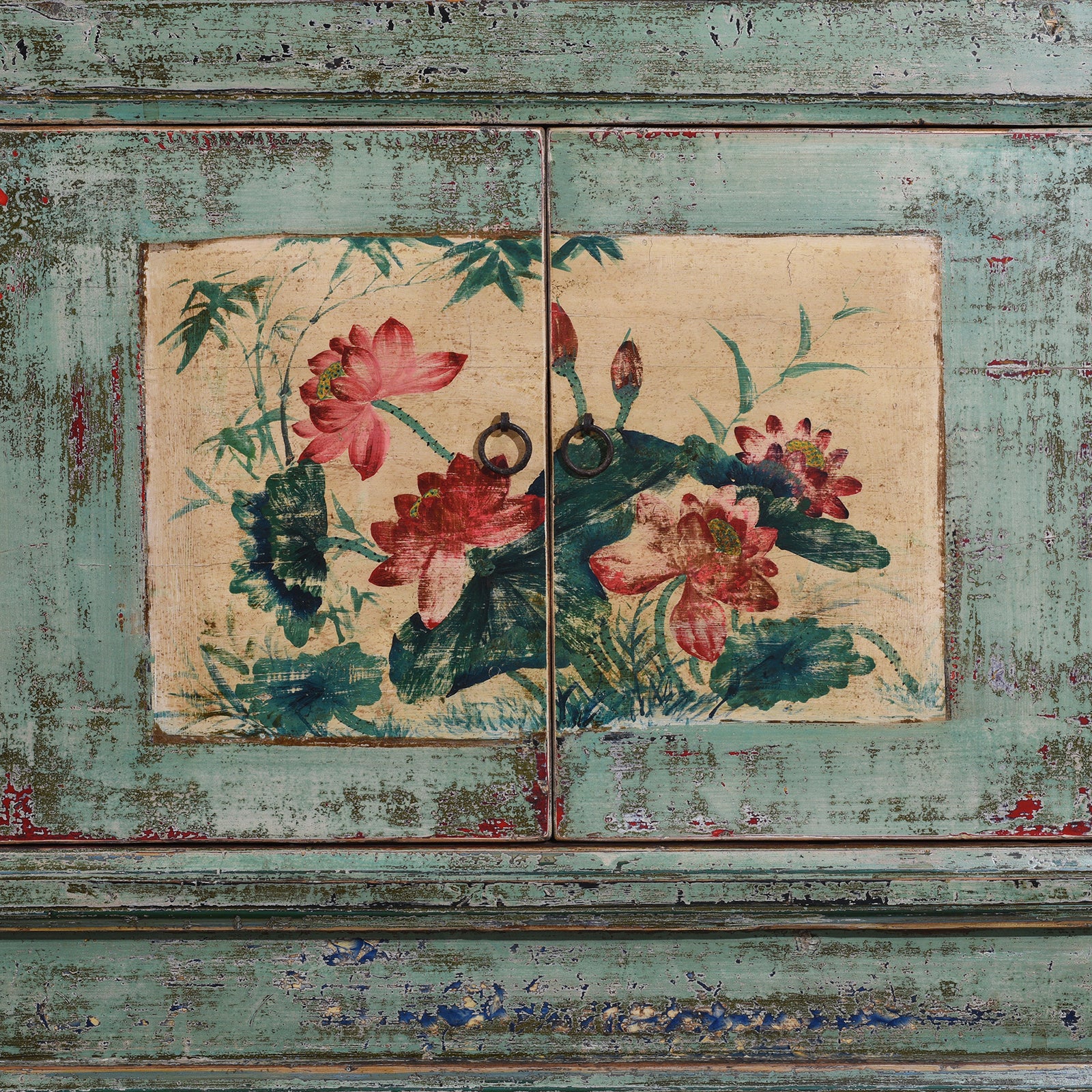 Floral Doors Artwork Detail From Vintage Mint Painted Shanxi Sideboard With Floral And Landscape Painted Panels And Long Low Form
