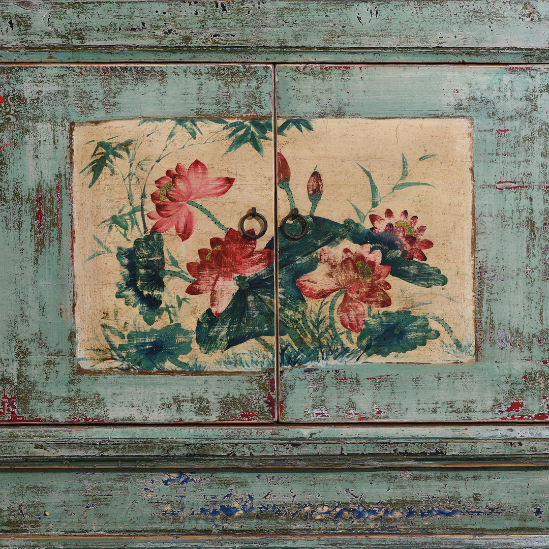 Floral Doors Artwork Detail From Vintage Mint Painted Shanxi Sideboard With Floral And Landscape Painted Panels And Long Low Form