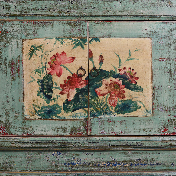 Floral Doors Artwork Detail From Vintage Mint Painted Shanxi Sideboard With Floral And Landscape Painted Panels And Long Low Form