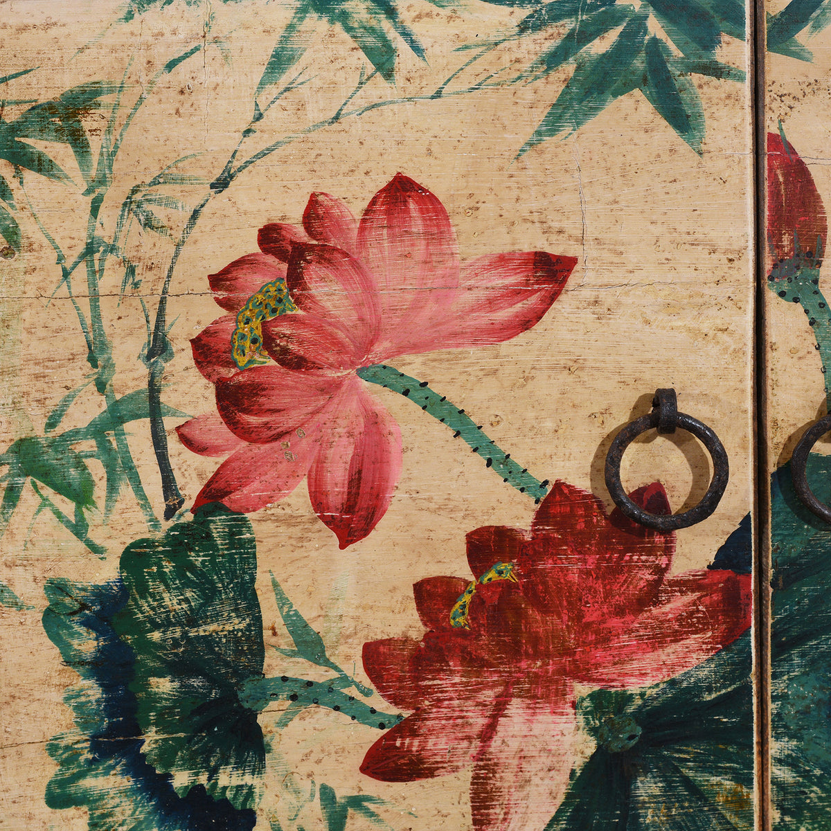 Floral Detail From Vintage Mint Painted Shanxi Sideboard With Floral And Landscape Painted Panels And Long Low Form