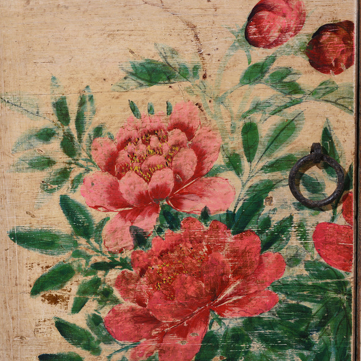 Flower Detail From Vintage Mint Painted Shanxi Sideboard With Floral And Landscape Painted Panels And Long Low Form