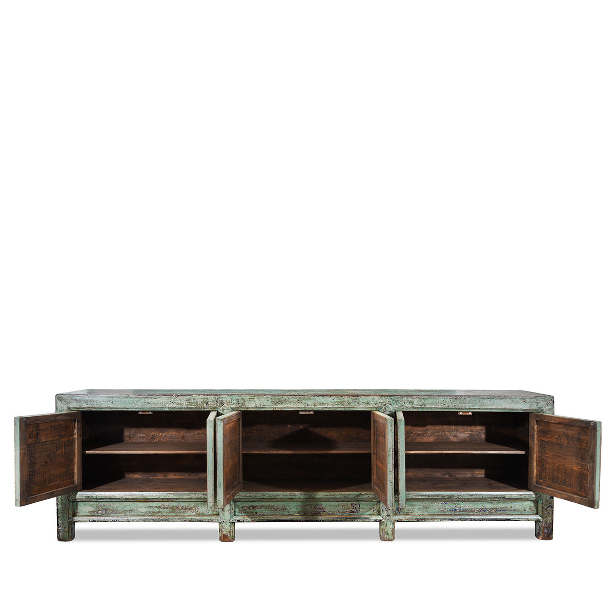 Interior Of Vintage Mint Painted Shanxi Sideboard With Floral And Landscape Painted Panels And Long Low Form