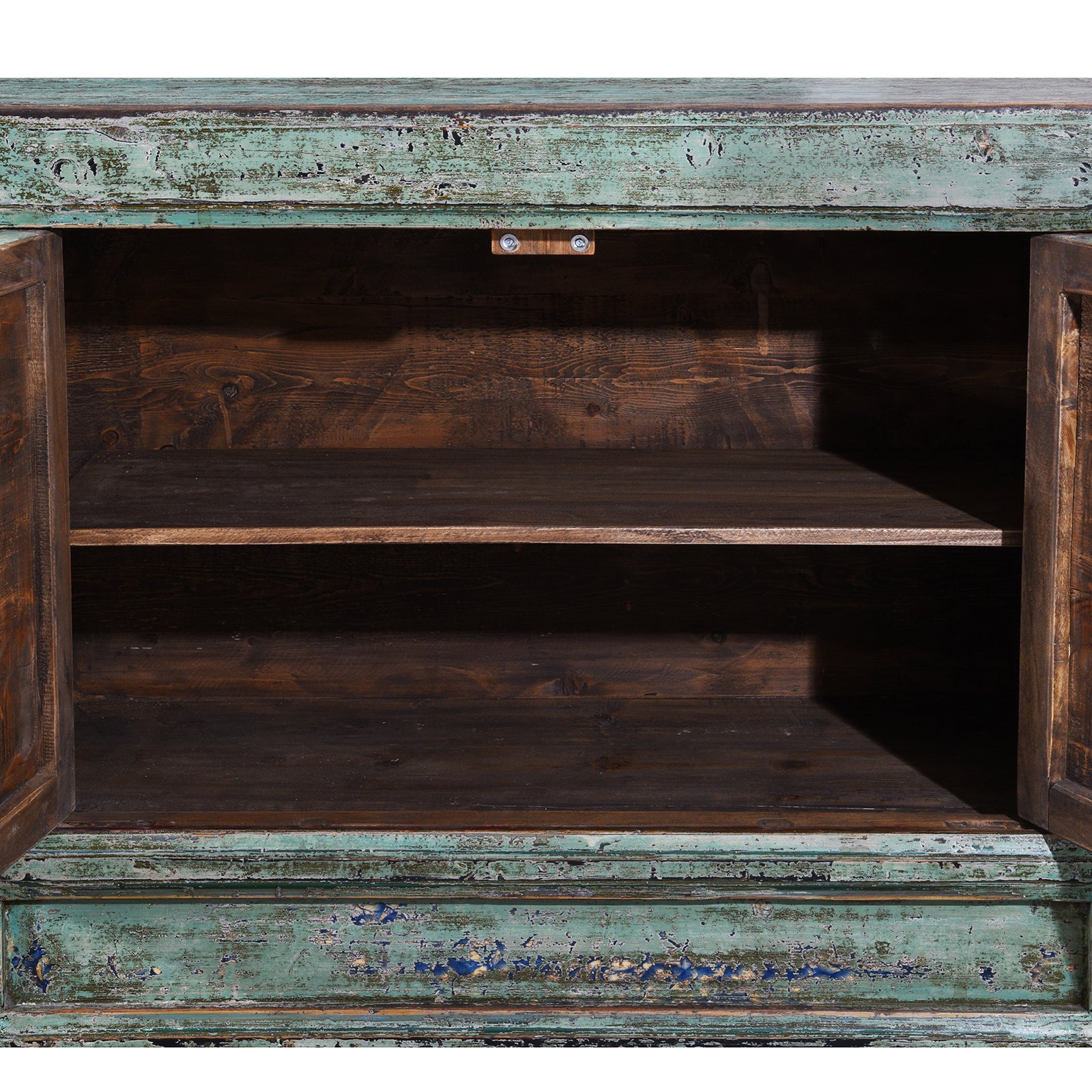 Interior Detail From Vintage Mint Painted Shanxi Sideboard With Floral And Landscape Painted Panels And Long Low Form