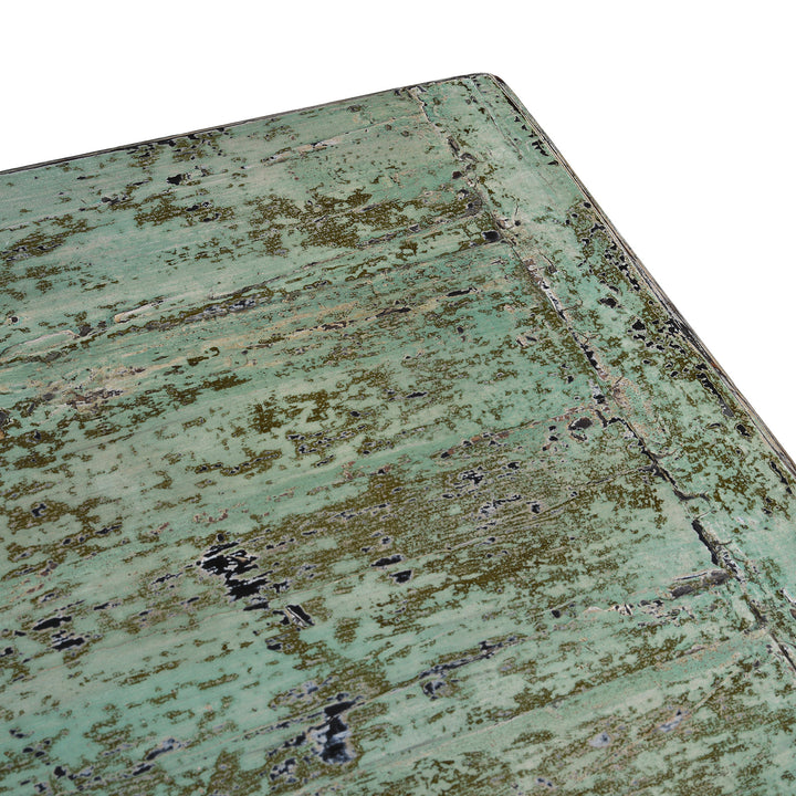 Top Corner Detail From Vintage Mint Painted Shanxi Sideboard With Floral And Landscape Painted Panels And Long Low Form