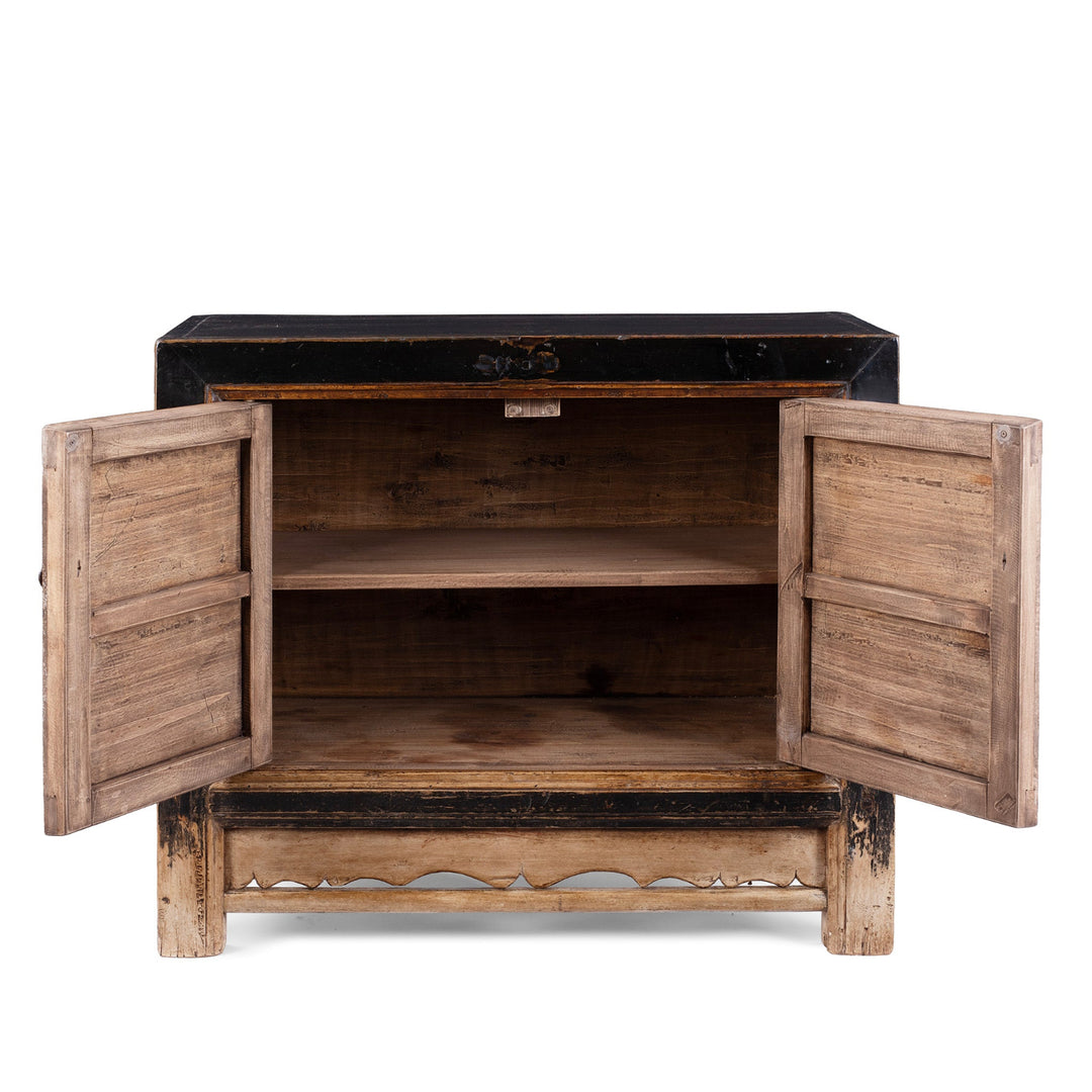 Interior View Of Late 19th Century Painted Mongolian Sideboard With Red Panels And Black Frame