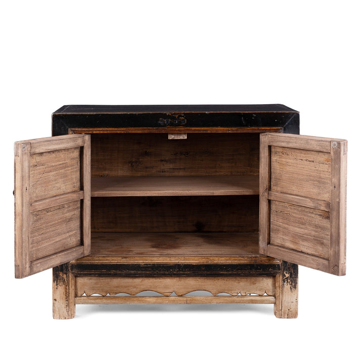 Interior View Of Late 19th Century Painted Mongolian Sideboard With Red Panels And Black Frame