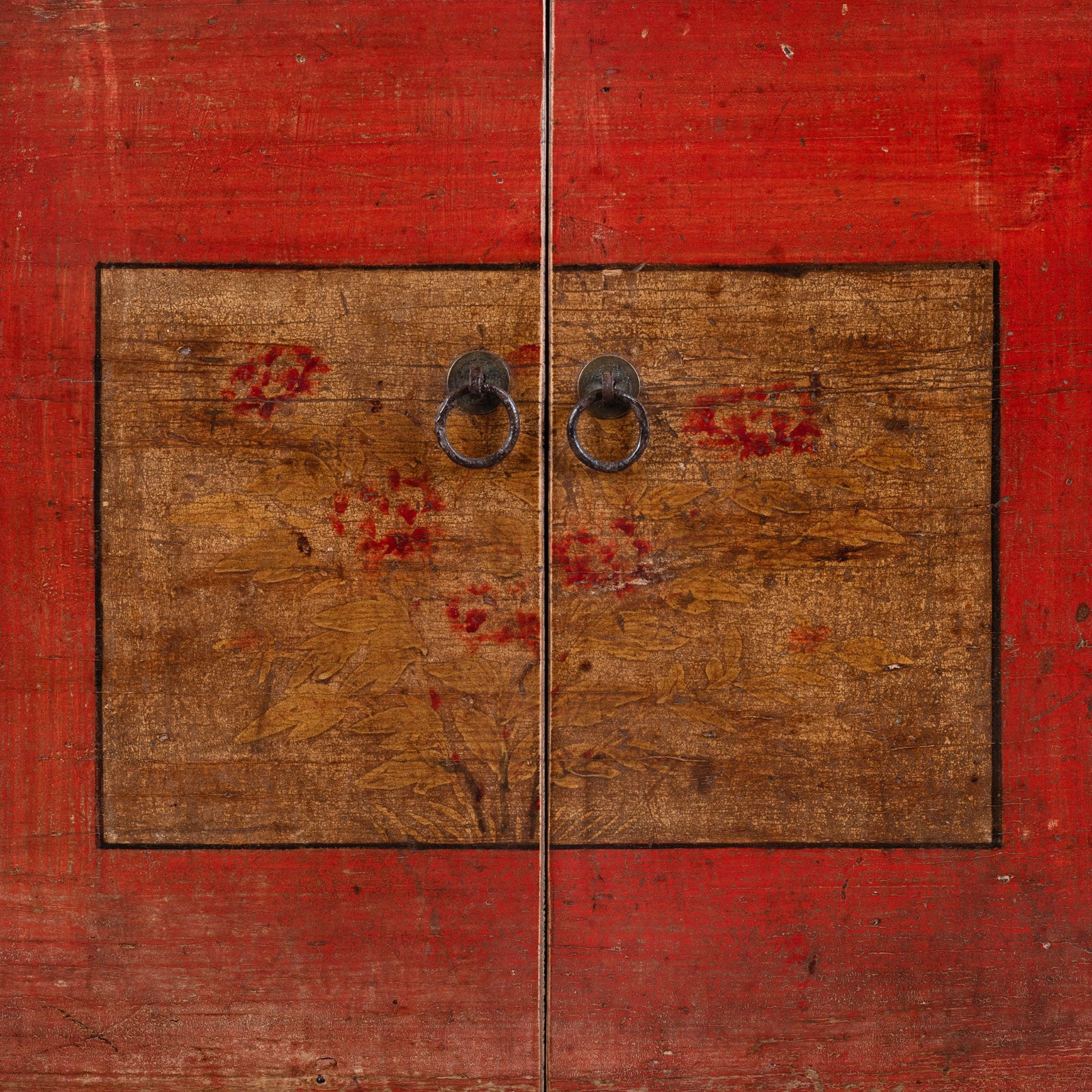 Paintwork Detail From Late 19th Century Painted Mongolian Sideboard With Red Panels And Black Frame