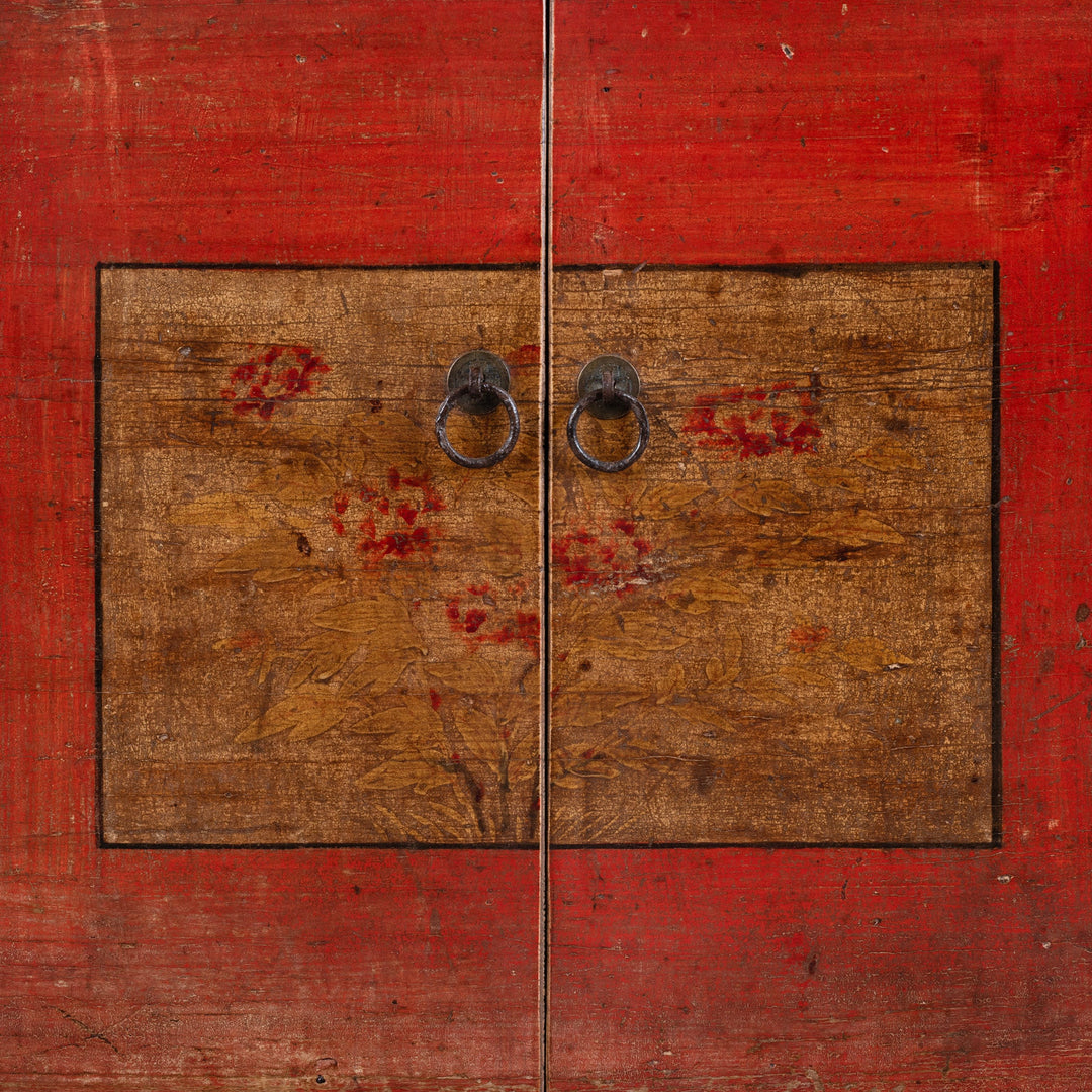 Paintwork Detail From Late 19th Century Painted Mongolian Sideboard With Red Panels And Black Frame