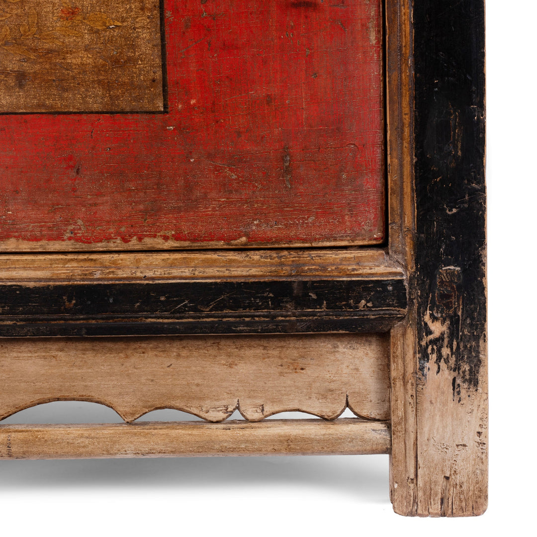 Detailed View Of Natural Patina From Late 19th Century Painted Mongolian Sideboard With Red Panels And Black Frame