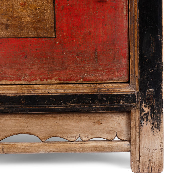 Detailed View Of Natural Patina From Late 19th Century Painted Mongolian Sideboard With Red Panels And Black Frame