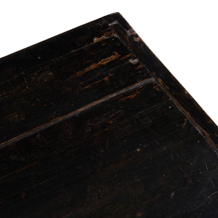 Corner View Showing Patina From Late 19th Century Painted Mongolian Sideboard With Red Panels And Black Frame