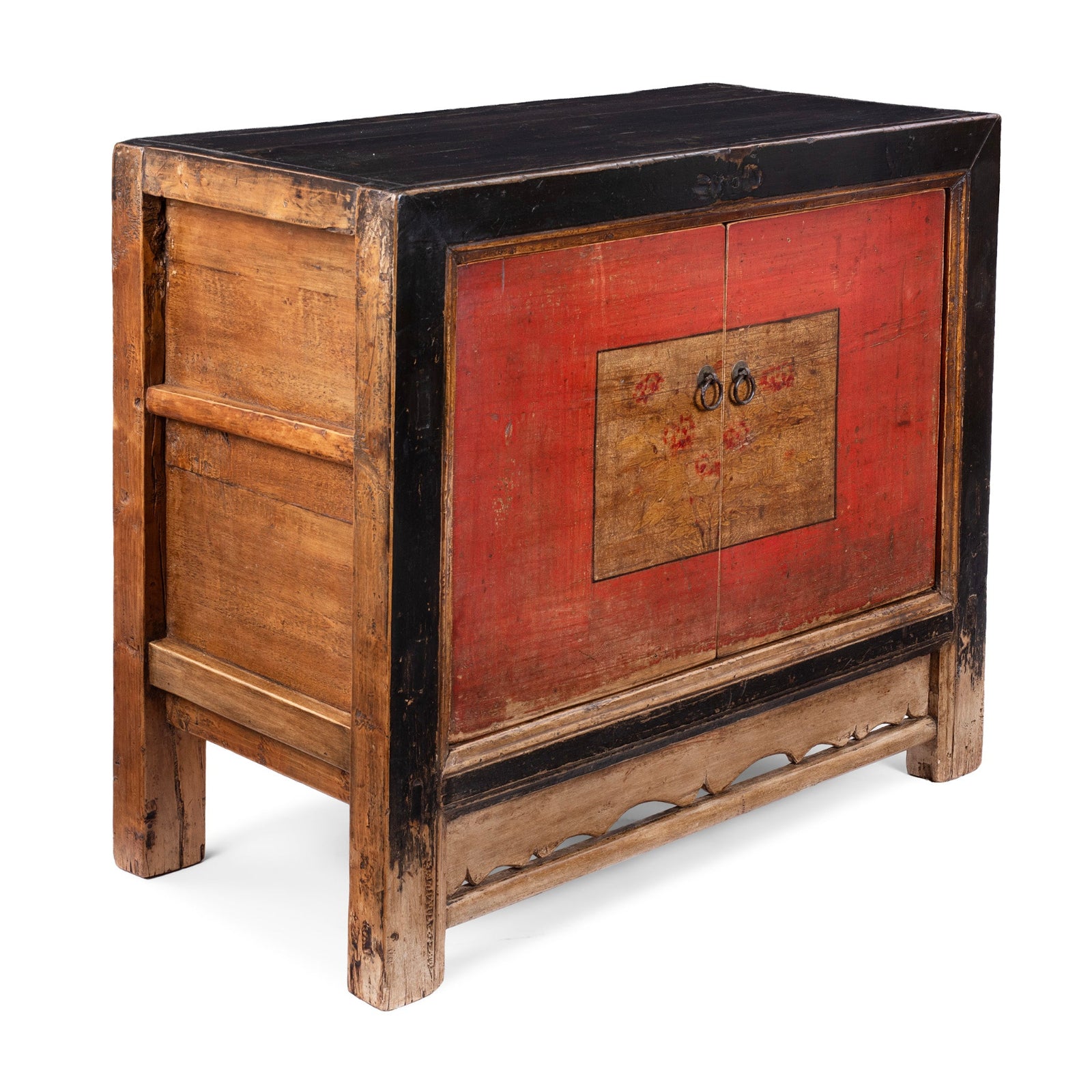 Angled View Of Late 19th Century Painted Mongolian Sideboard With Red Panels And Black Frame