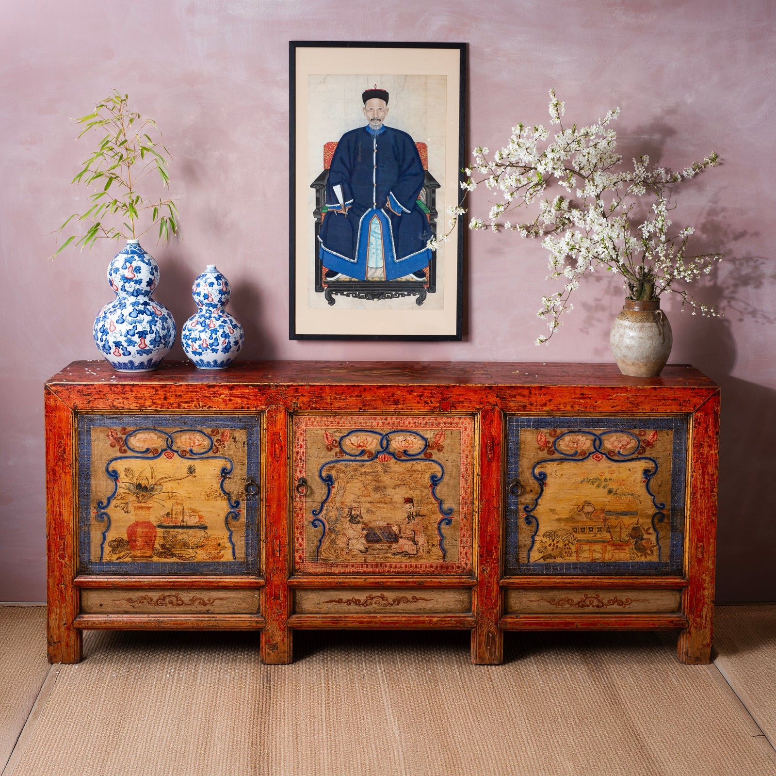 Lifestyle Of Antique Qinghai Painted Chinese Sideboard With Fruit In Baskets Flower Vases And Central Go Scene