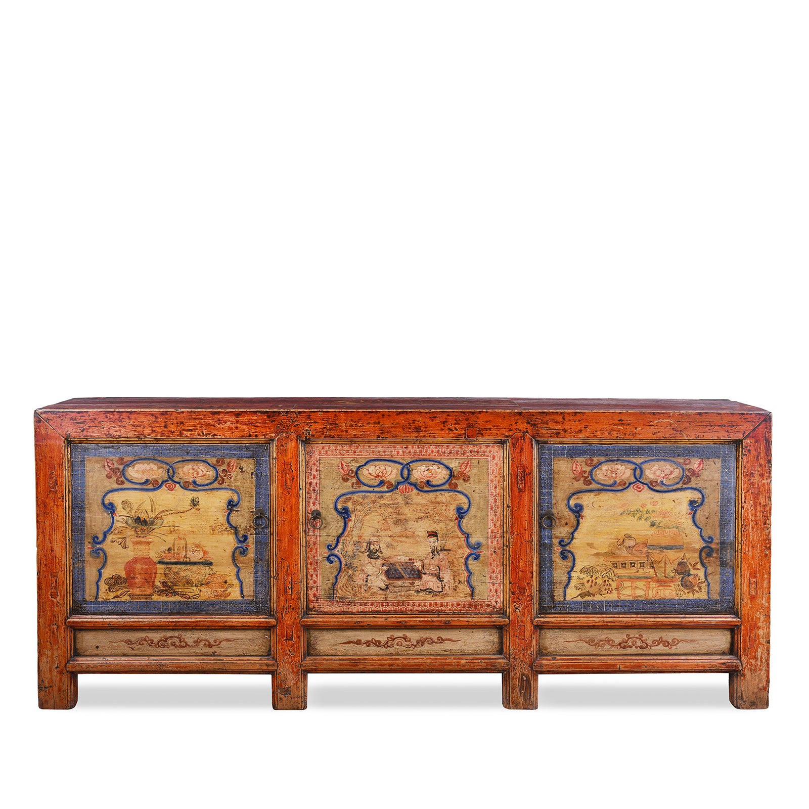 Antique Qinghai Painted Chinese Sideboard With Fruit In Baskets Flower Vases And Central Go Scene