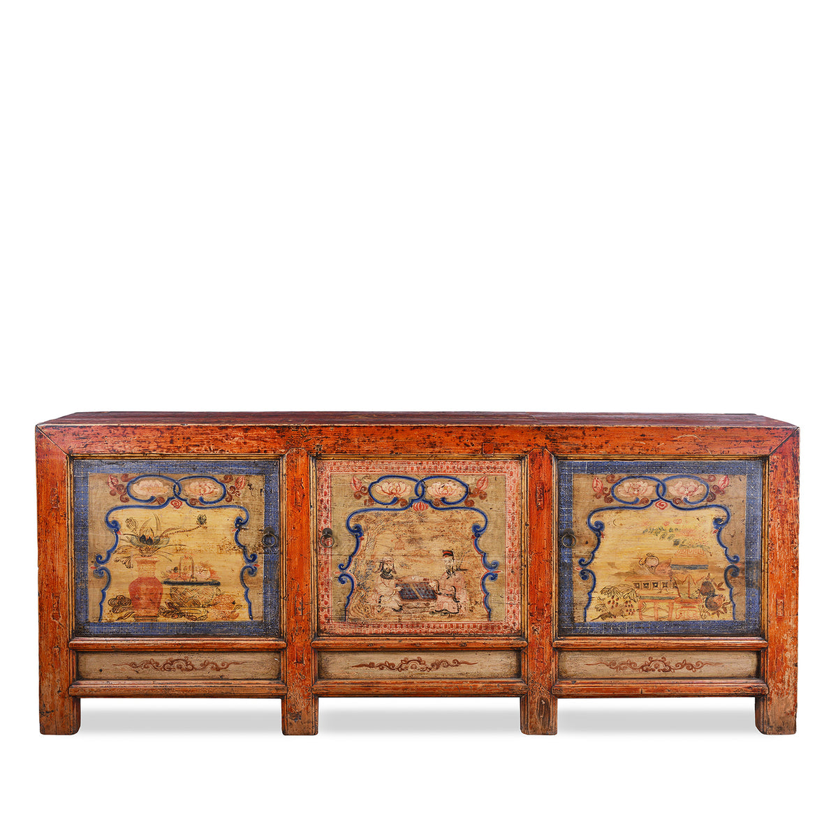Antique Qinghai Painted Chinese Sideboard With Fruit In Baskets Flower Vases And Central Go Scene