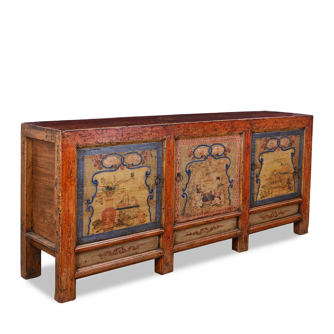 Angled View Of Antique Qinghai Painted Chinese Sideboard With Fruit In Baskets Flower Vases And Central Go Scene