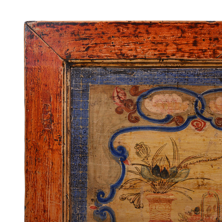 Corner Detail From Antique Qinghai Painted Chinese Sideboard With Fruit In Baskets Flower Vases And Central Go Scene