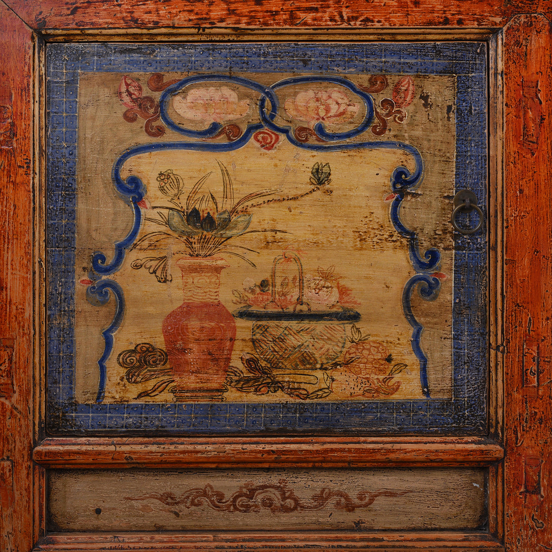 Door Panel Detail From Antique Qinghai Painted Chinese Sideboard With Fruit In Baskets Flower Vases And Central Go Scene