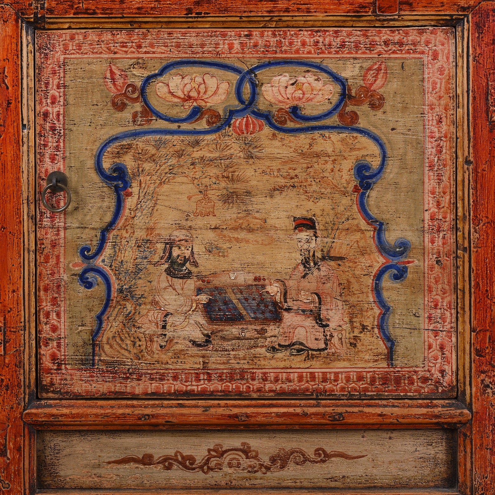 Door Panel Detail From Antique Qinghai Painted Chinese Sideboard With Fruit In Baskets Flower Vases And Central Go Scene