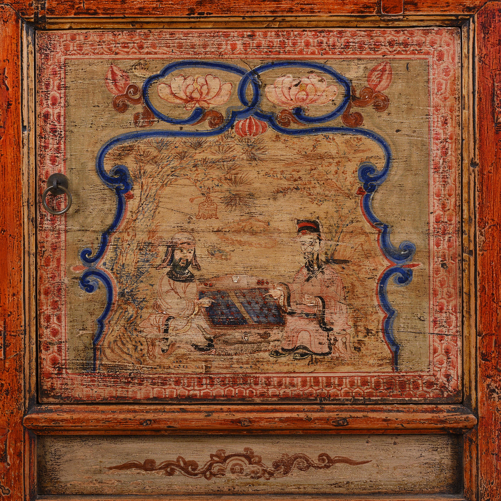 Door Panel Detail From Antique Qinghai Painted Chinese Sideboard With Fruit In Baskets Flower Vases And Central Go Scene