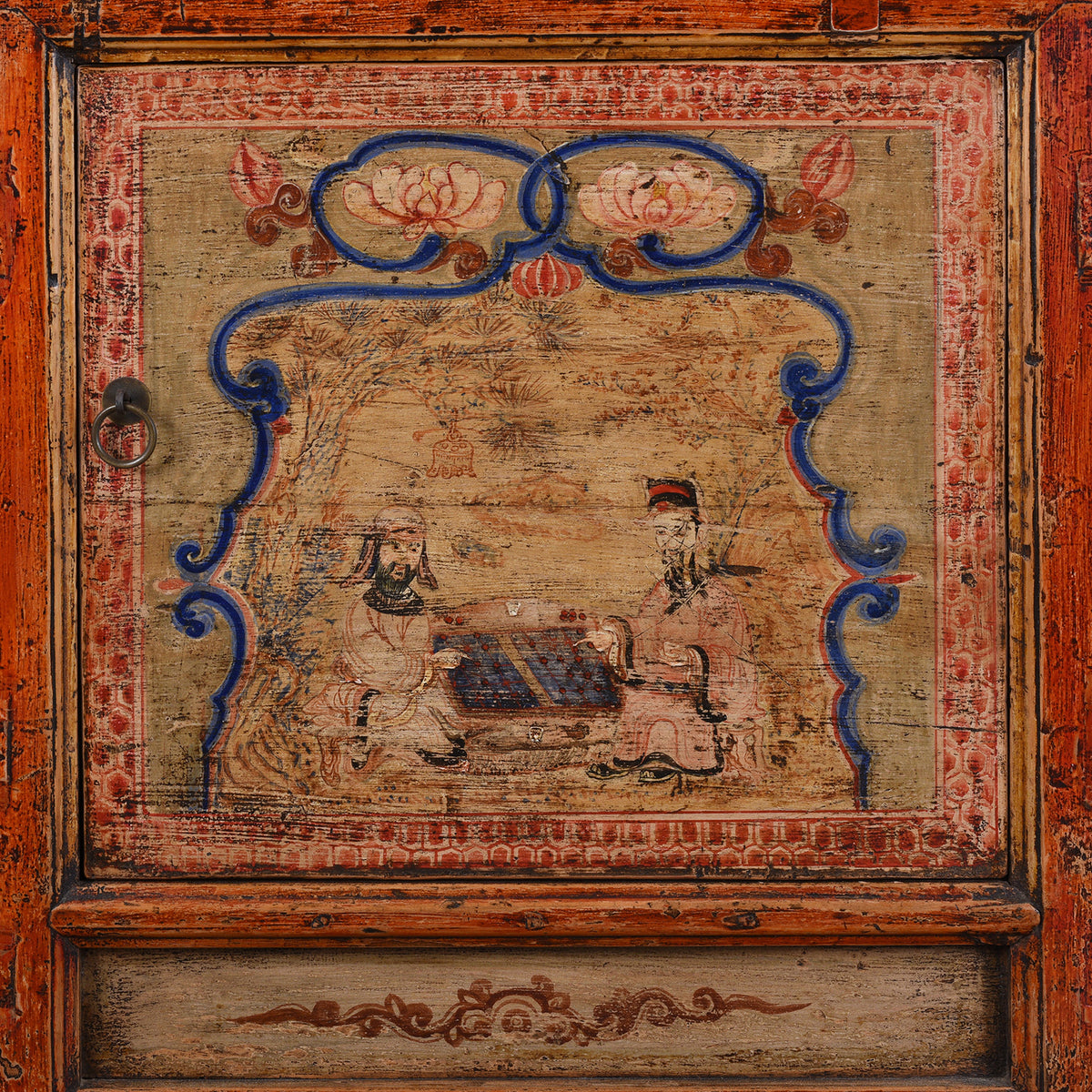 Door Panel Detail From Antique Qinghai Painted Chinese Sideboard With Fruit In Baskets Flower Vases And Central Go Scene