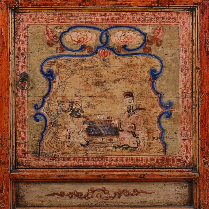 Door Panel Detail From Antique Qinghai Painted Chinese Sideboard With Fruit In Baskets Flower Vases And Central Go Scene