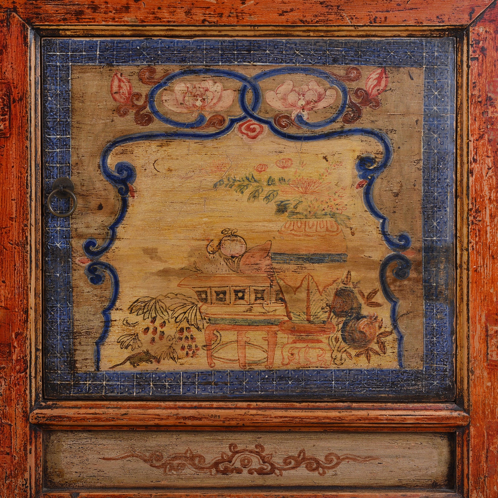 Door Panel Detail From Antique Qinghai Painted Chinese Sideboard With Fruit In Baskets Flower Vases And Central Go Scene