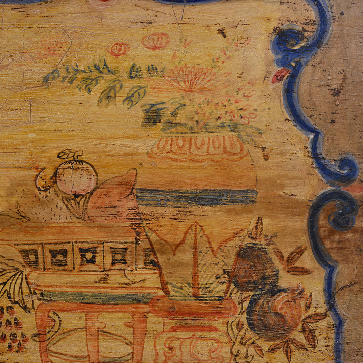 Paintwork Detail From Antique Qinghai Painted Chinese Sideboard With Fruit In Baskets Flower Vases And Central Go Scene
