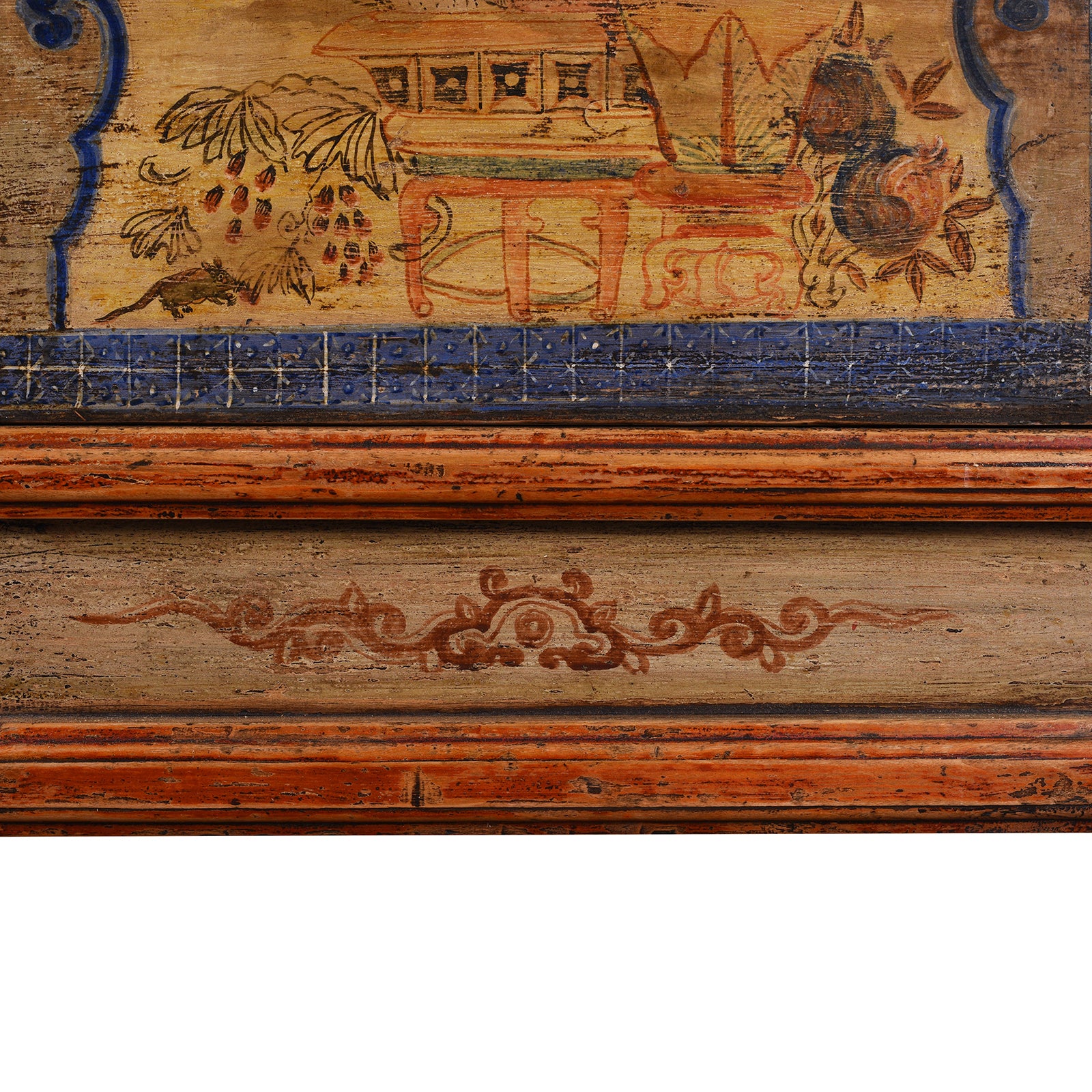 Kickstand Paintwork Detail From Antique Qinghai Painted Chinese Sideboard With Fruit In Baskets Flower Vases And Central Go Scene