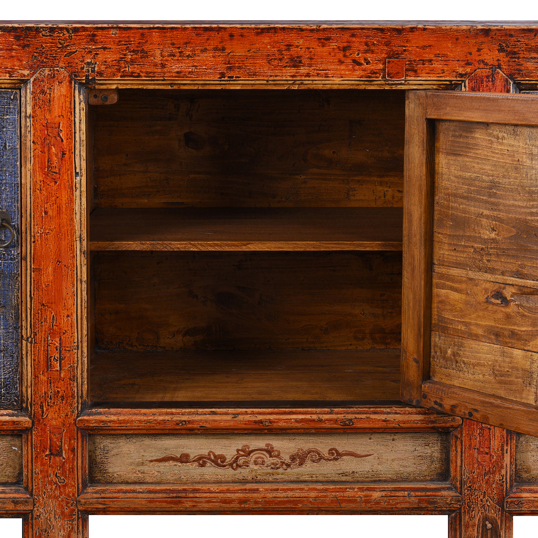 Interior Detail From Antique Qinghai Painted Chinese Sideboard With Fruit In Baskets Flower Vases And Central Go Scene