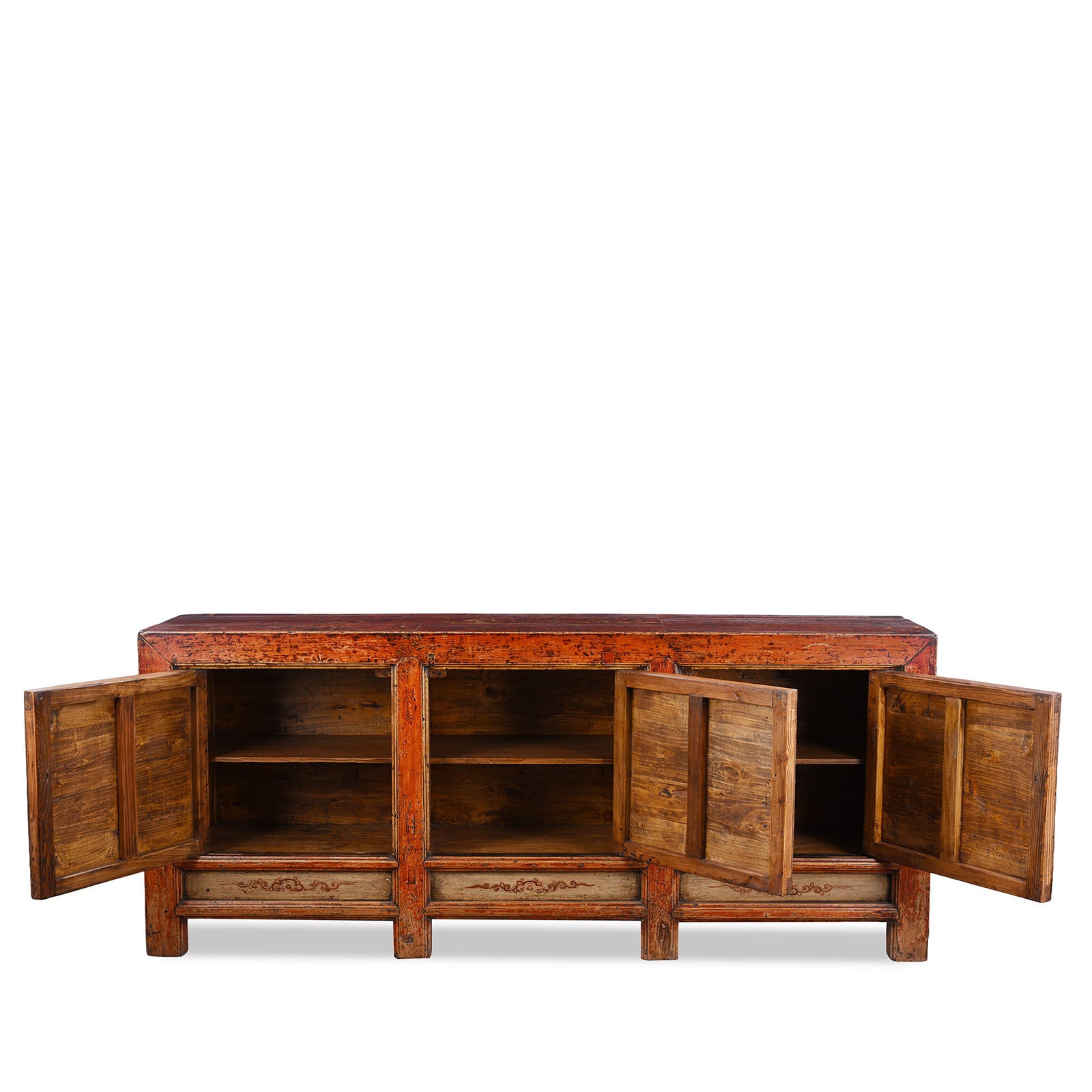 Interior Of Antique Qinghai Painted Chinese Sideboard With Fruit In Baskets Flower Vases And Central Go Scene