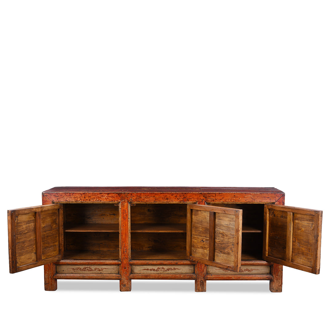 Interior Of Antique Qinghai Painted Chinese Sideboard With Fruit In Baskets Flower Vases And Central Go Scene