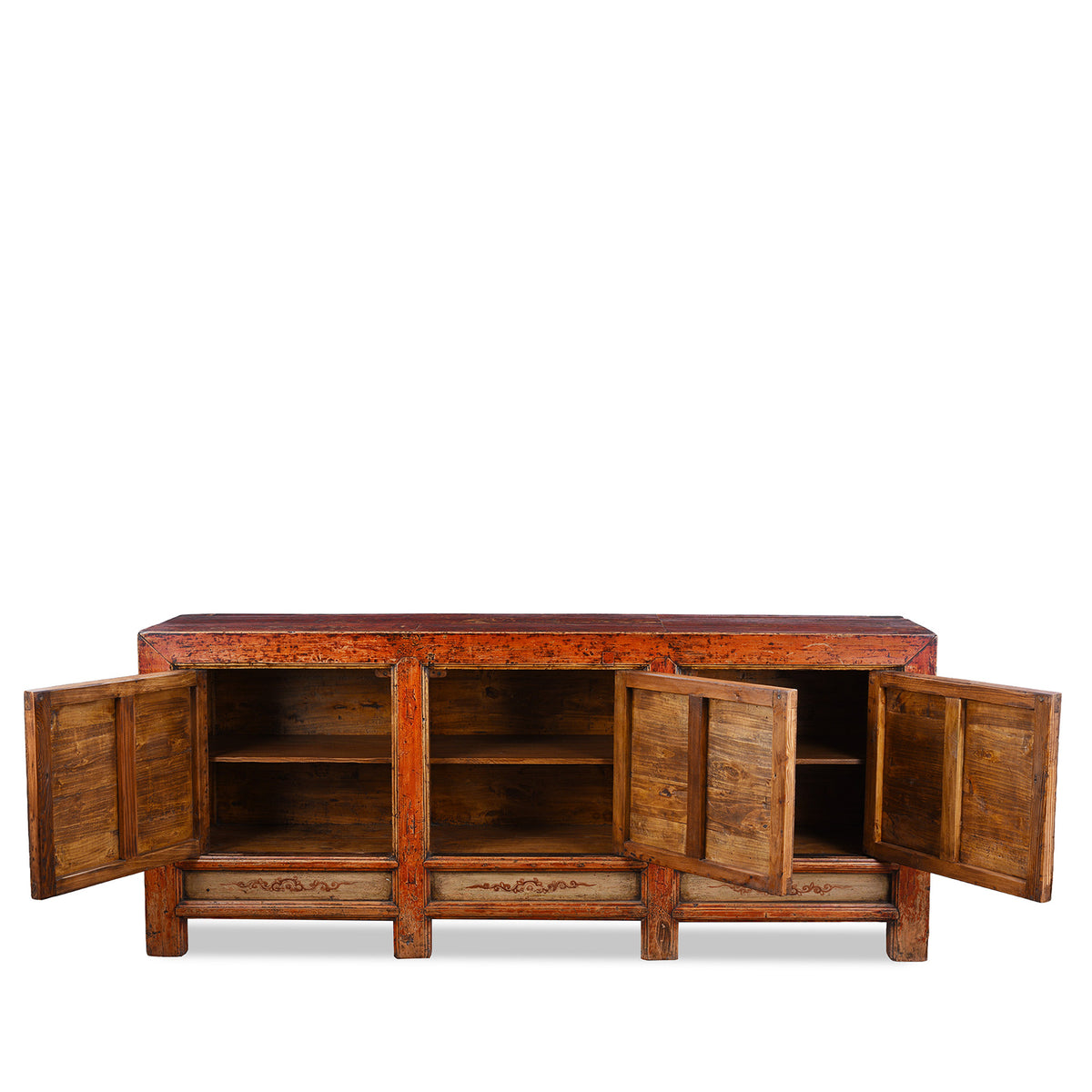 Interior Of Antique Qinghai Painted Chinese Sideboard With Fruit In Baskets Flower Vases And Central Go Scene