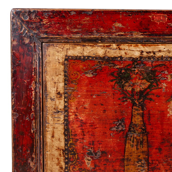 Corner Detail From 19th Century Mongolian Painted Sideboard With Floral Door Panels | Indigo Antiques