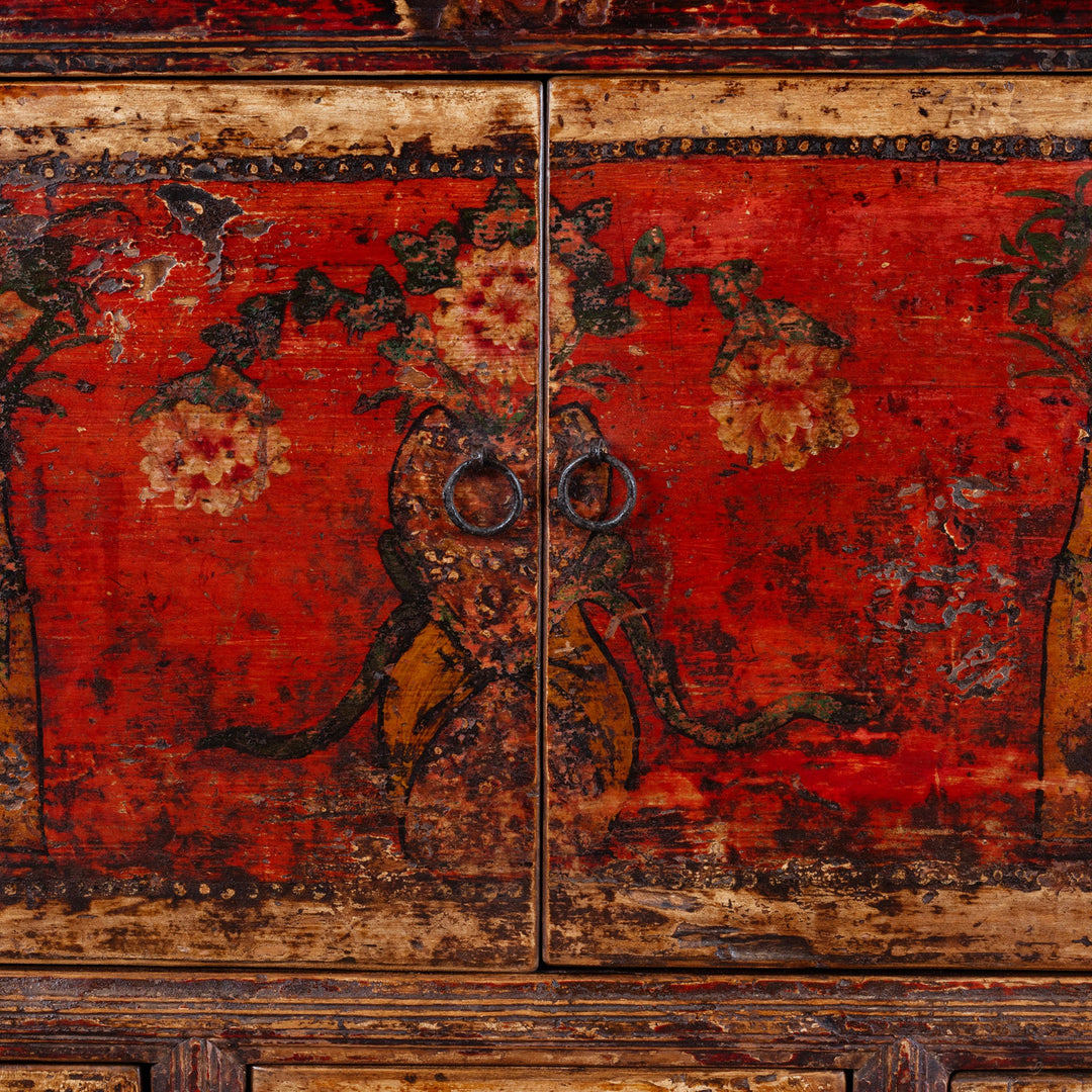 Doors Detail From 19th Century Mongolian Painted Sideboard With Floral Door Panels | Indigo Antiques