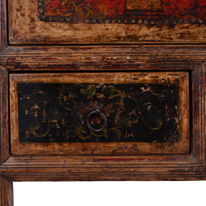 Drawer Detail From 19th Century Mongolian Painted Sideboard With Floral Door Panels | Indigo Antiques