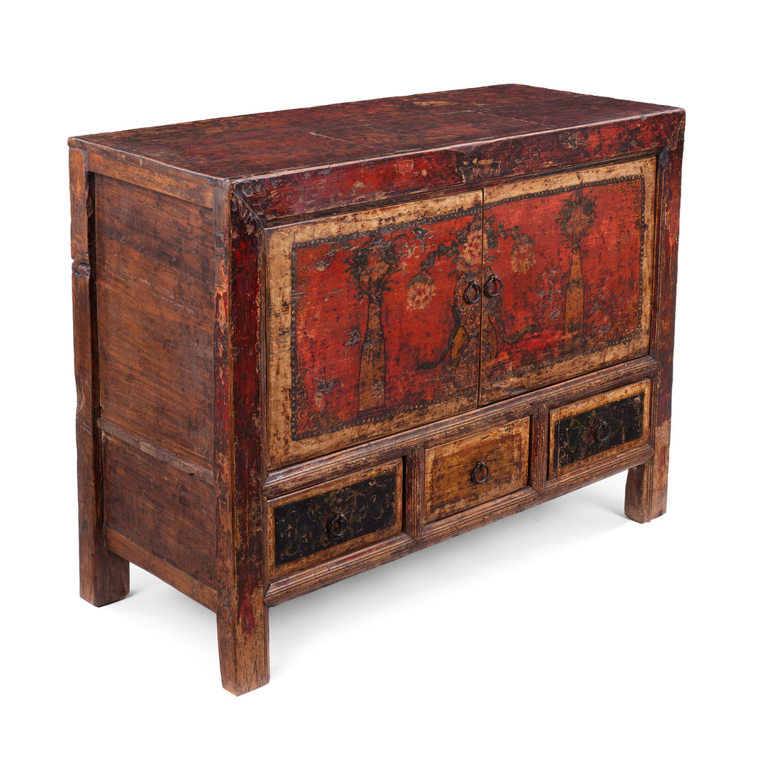 Angled View Of 19th Century Mongolian Painted Sideboard With Floral Door Panels | Indigo Antiques