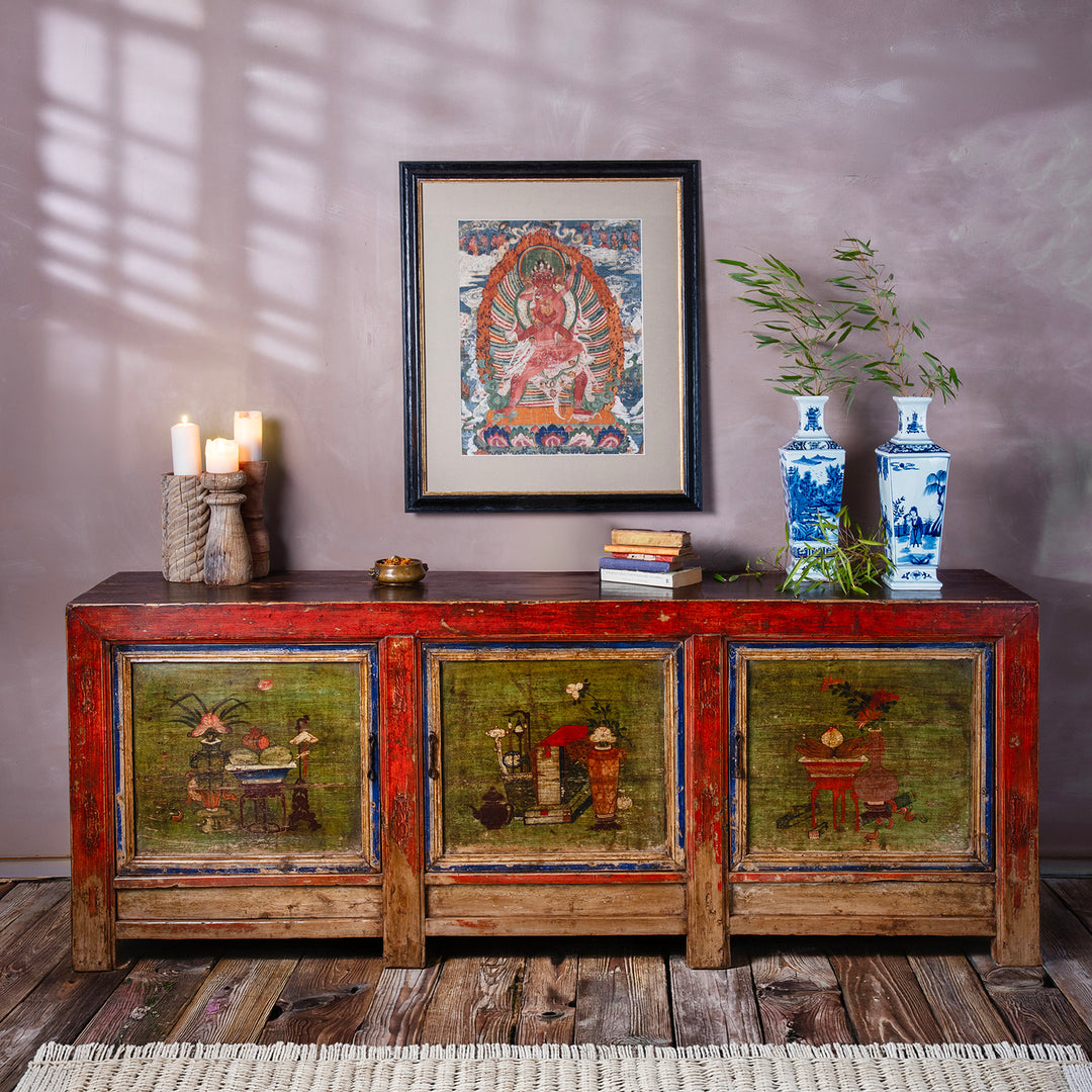 19th Century Qinghai Painted Three Door Sideboard With Scholarly Motifs And Original Grain Store Form | Indigo Antiques