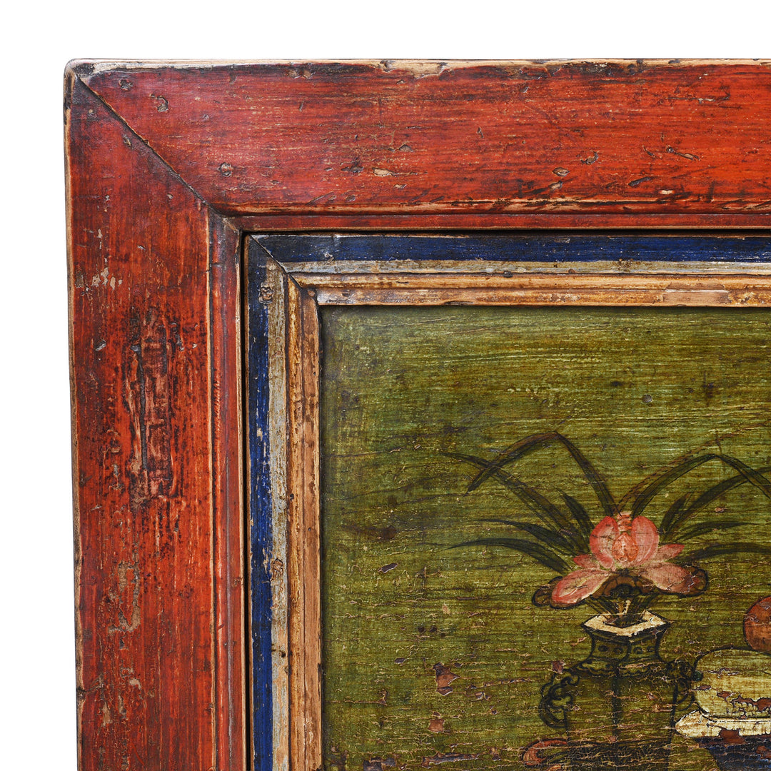 Corner Detail Of Frame From 19th Century Qinghai Painted Three Door Sideboard With Scholarly Motifs And Original Grain Store Form | Indigo Antiques