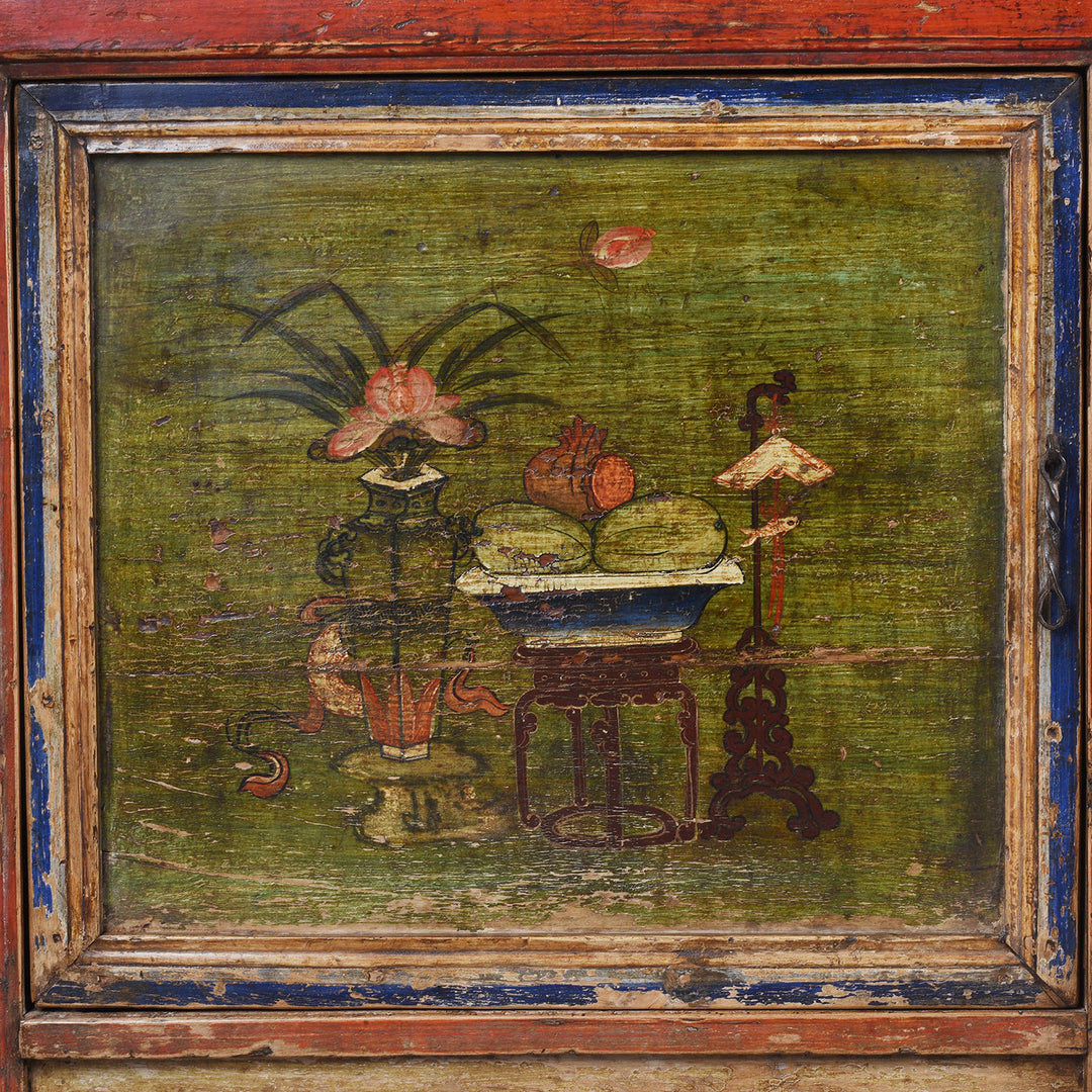 Door Artwork Detail From 19th Century Qinghai Painted Three Door Sideboard With Scholarly Motifs And Original Grain Store Form | Indigo Antiques